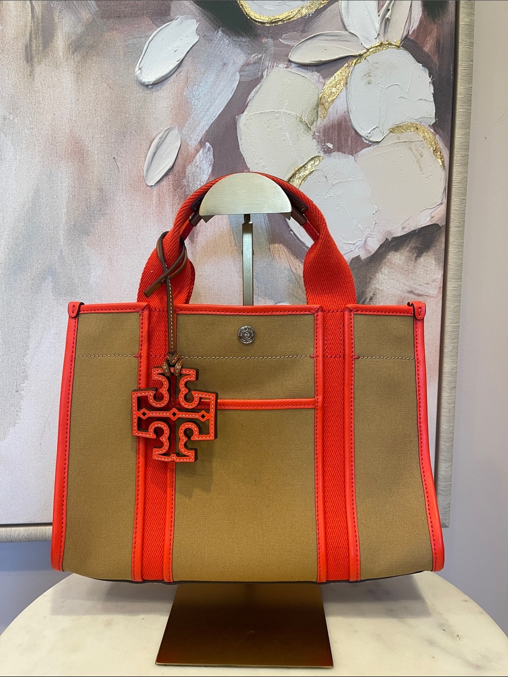 NWOT Tory Burch Tan Canvas Tote with Bright with Coral Trim